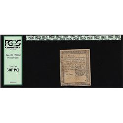April 20, 1781 Pennsylvania 6 Pence Colonial Currency Note PCGS Very Fine 30PPQ
