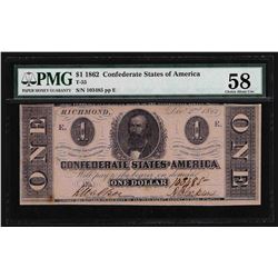 1862 $1 Confederate States of America Note PMG Choice AU58