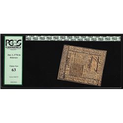January 1, 1776 Delaware 6 Shillings Colonial Currency Note PCGS Choice New 63