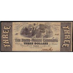 1863 $3 The State of North Carolina Obsolete Currency Note