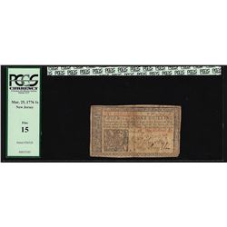 March 25, 1776 New Jersey 1 Shilling Colonial Currency Note PCGS Fine 15