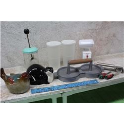 Lot of Misc Kitchen Related (Scale,  Cat Napkin Holder, Garlic Press, Etc;)