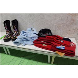 Lot of Kids Tuques With Pair of Kids Boots