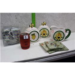 Lot of Misc (Espresso Cup & Saucers Set, Tea Pot & Sugar & Cream Holder, Drink Coasters (4))