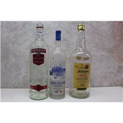 Lot of 3 Litres Glass Liquor Bottles (3)(Smirnoff, Grey Goose, Schenley)