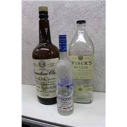 Lot of 3 Litres Glass Liquor Bottles (3)(Canadian Club, Grey Goose & Wiser’s)