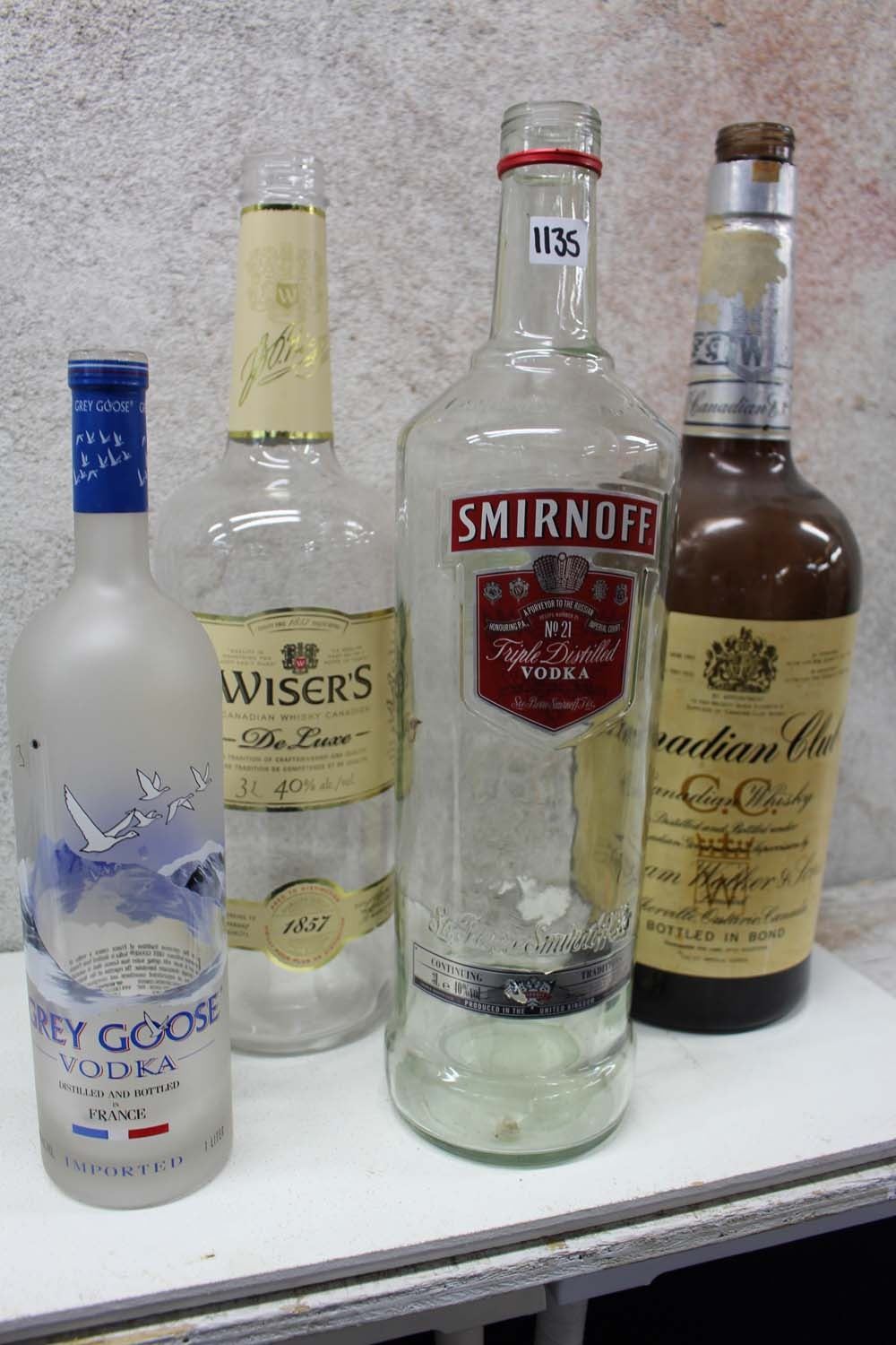 Lot of 3 Litres Glass Liquor Bottles (4)(Canadian Club, Smirnoff, Wiser