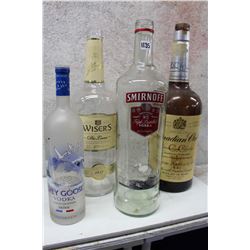 Lot of 3 Litres Glass Liquor Bottles (4)(Canadian Club, Smirnoff, Wiser’s & Grey Goose)