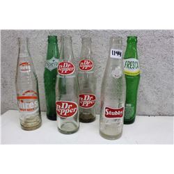 Lot of Assorted Soda Glass Bottles (6)(Dr Pepper, Stubby, Hires Rootbeer, Fresca, Sprite)