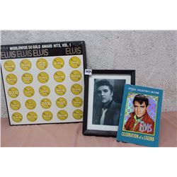 Lot of Elvis Items (Framed Photo of Elvis, Mini Magazine & Worldwide 50 Gold Award Hits, Vol.1 LP Re