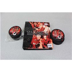 Lot Of Olympic Hockey Heroes Book And Pucks