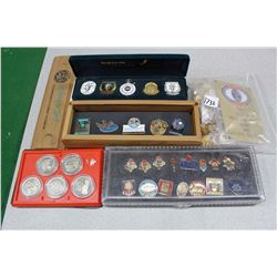 Lot Of Collectible Pins, Coins (Miracle Mile, LAPD, World Games, Etc)