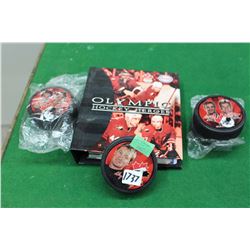 Olympic Hockey Heroes And a 5 Puck Set