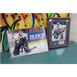 Framed Curtis Joseph Print And Busch Beer Blues Cardboard Ad