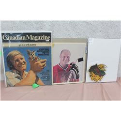 Lot Of Hockey Related (Canadian Magazine, Autographed Booby Hull Photo, Chicago Blackhawks Patch)