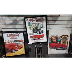 THREE FRAMED HOTROD POSTERS