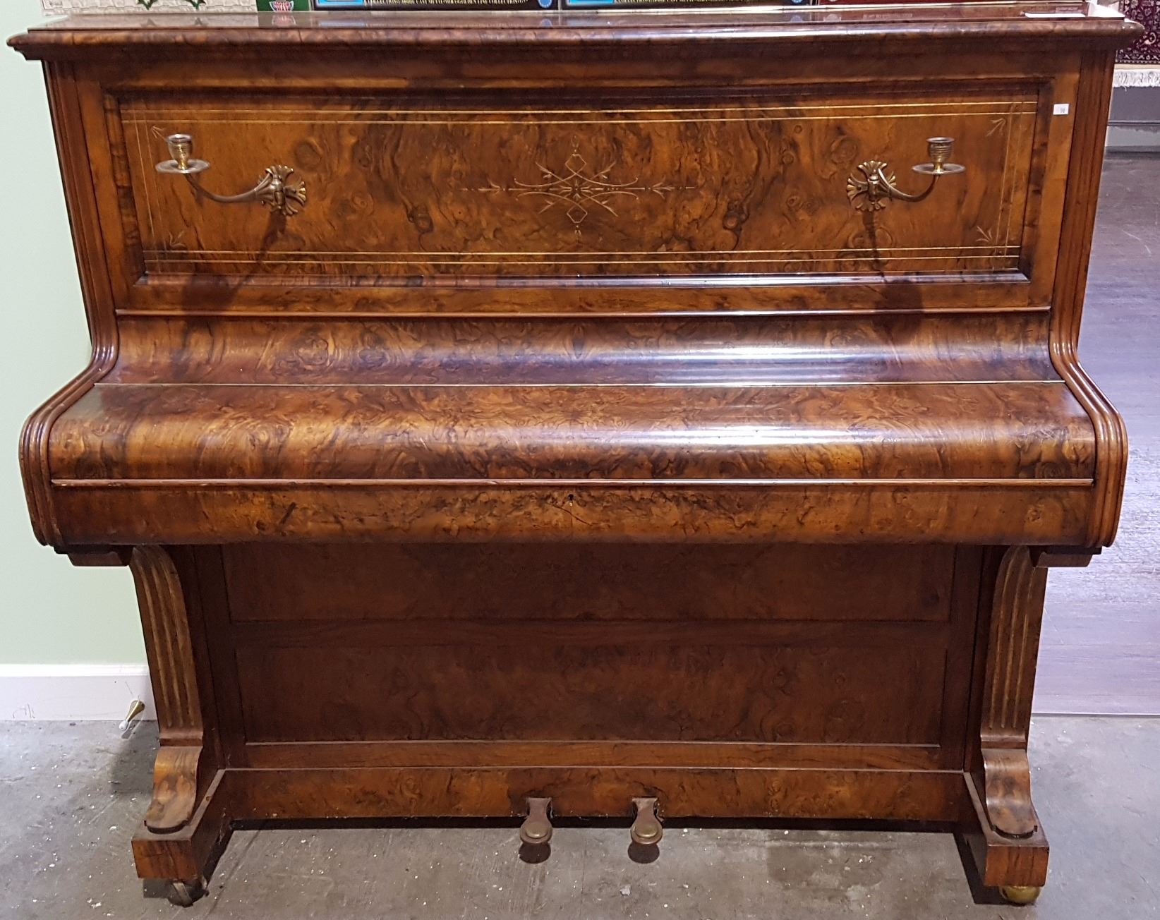 ANTIQUE COLLARD & COLLARD PIANO W/EXQUISITE BURLED AND CANDLE HOLDERS