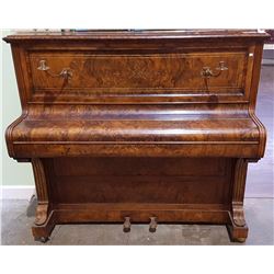 ANTIQUE COLLARD & COLLARD PIANO W/EXQUISITE BURLED CABINET AND CANDLE HOLDERS