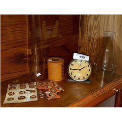 LOT OF CLOCK, ARMY BUTTONS, LAMP CHIMNEYS