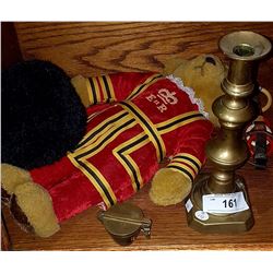 BEEFEATER BEAR, BRASS CANDLE STICK AND MEASURES