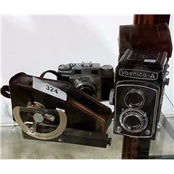 TWO CAMERAS AND VINTAGE LEVEL W/CASE