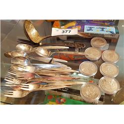 LOT OF SILVERPLATE PICKLE FORKS, SPOONS & 7 TOKENS
