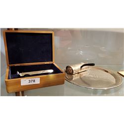 VIA RAIL SPIKE IN PRESENTATION BOX, SILVERPLATE TRAY AND CRUMB BRUSH