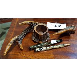 ANTLER INKWELL AND 2 PENS