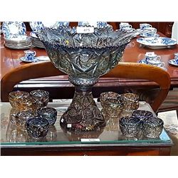 CARNIVAL GLASS PUNCH BOWL SET W/12 CUPS AND LADLE
