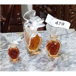 THREE LALIQUE CRYSTAL PERFUME BOTTLES