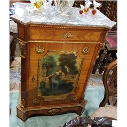 MARBLE TOP FRENCH MURALLED CABINET W/ORMULU DETAILING