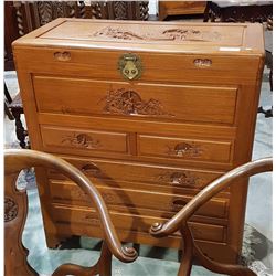 ASIAN CARVED CABINET W/CEDAR CHEST ON TOP, HIDDEN DRAWER ON SIDES