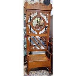 VICTORIAN OAK HALL STAND W/CARVED FRETWORK AND BEVELLED MIRROR