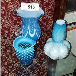 THREE PCS BLUE ART GLASS INC SATIN GLASS VASE & FENTON TOOTHPICK HOLDER