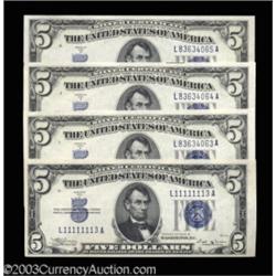 Fr. 1652 $5 1934B Silver Certificates. Four Examples. Gem Crisp Uncirculated.