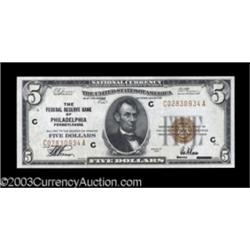 $5 1929 FRBN. Philadelphia. About Uncirculated.