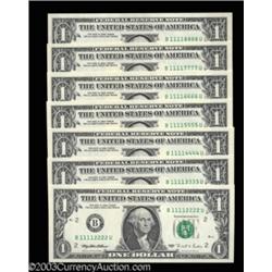 Fr. 1921-B $1 1995 Federal Reserve Notes. Seven Fancy Serial Numbers. Gem Crisp Uncirculated.