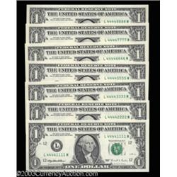 Fr. 1922-L $1 1995 Federal Reserve Notes. Seven Fancy Serial Numbers. Gem Crisp Uncirculated.