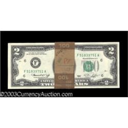 Fr. 1935-F $2 1976 Federal Reserve Notes. Two Consecutive Packs of 50 Notes Each. Gem Crisp Uncir