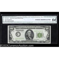 Fr. 2152-C $100 1934 Light Green Seal Federal Reserve Note. CGA Choice Uncirculated 64.