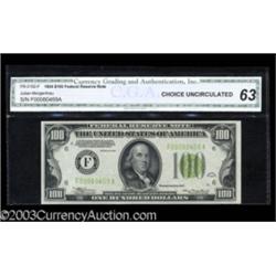 Fr. 2152-F $100 1934 Light Green Seal Federal Reserve Note. CGA Choice Uncirculated 63.