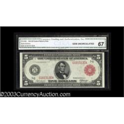 Fr. 838b $5 1914 Red Seal Federal Reserve Note CGA Gem Uncirculated 67.