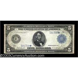 Fr. 878 1914 $5 Federal Reserve Star Note Very Fine.