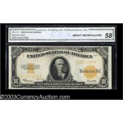 Fr. 1173 $10 1922 Gold Certificate CGA About Uncirculated 58.