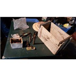 Wooden Ammunition Box With Gun Parts & Misc.