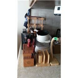Wine Rack, Knife-Cutting Block With Knives & Misc.