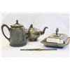 Image 1 : TWO HIGHLY DECORATED SILVER PLATE TEAPOTS AND LIDDED CASSEROLE WITH PYREX LINER