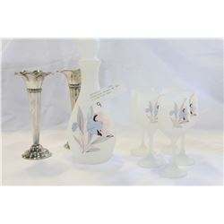 FROSTED GLASS DECANTR AND PAIR OF SILVER PLATE VASES