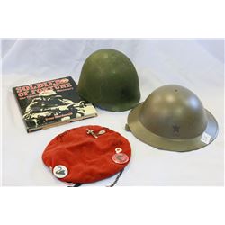 TWO CANADIAN WAR HELMETS BERET AND BOOK