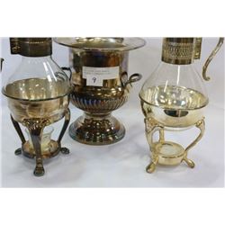 TWO SILVER PLATE WARMING CARATES + CHAMPAGNE BUCKET